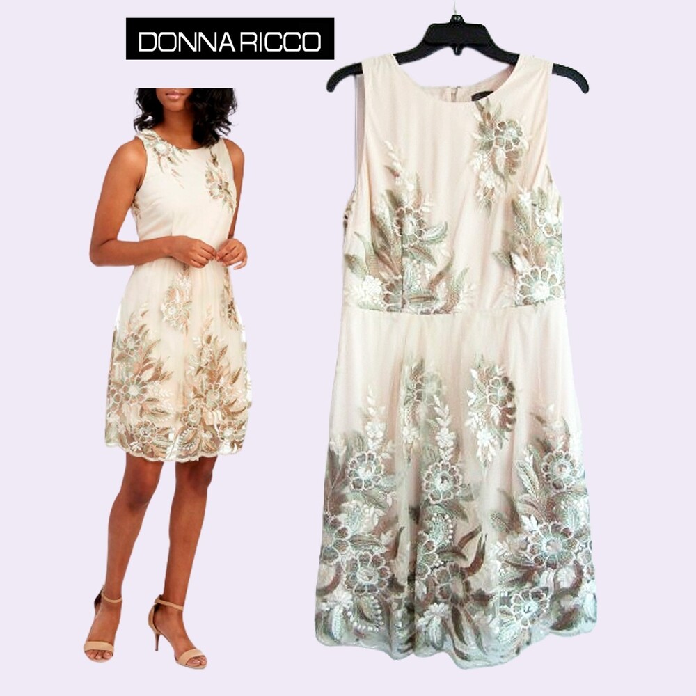 DONNA RICCO NEW Romantic Soft Girl Floral Embroidery Chiffon Fit&Flare Dress 12